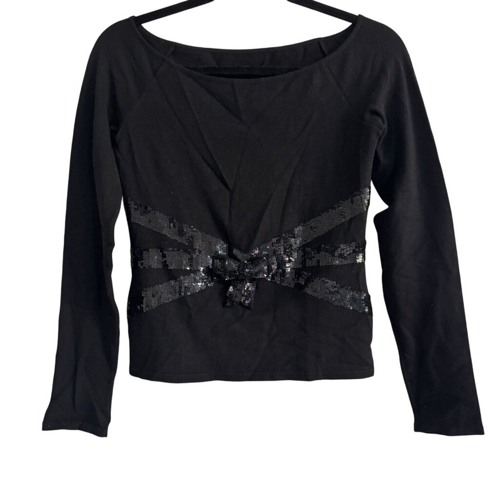 Valentino Women's Black Sequin Bowโ Knit Top Long Sleeve Made in Italy Size S